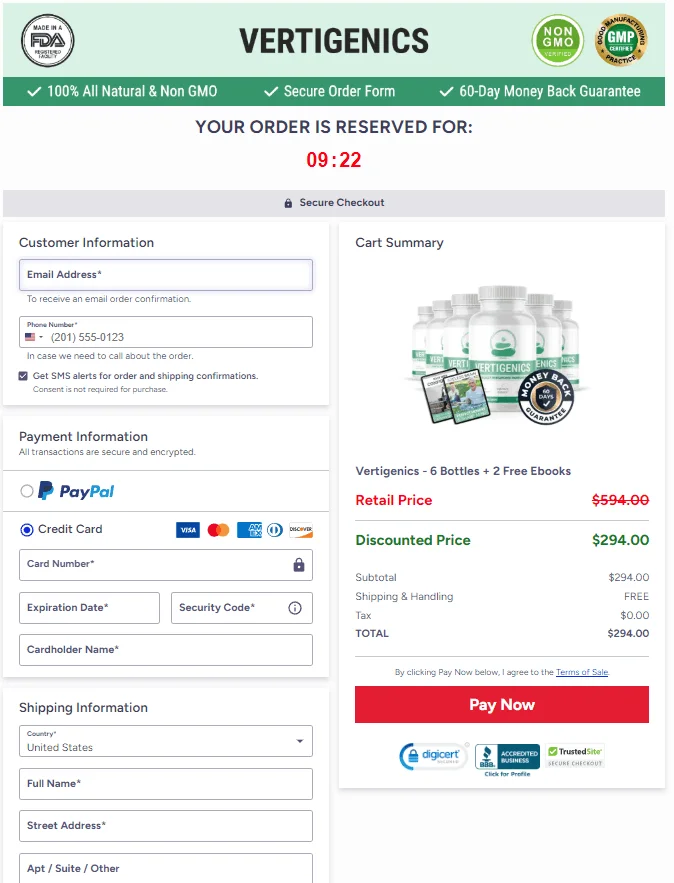 Vertigenics secure checkout page screenshot